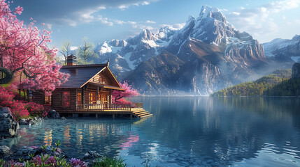 Fototapeta premium An exquisitely detailed photograph of a lakeside cabin with a wooden porch, surrounded by blooming flowers and majestic mountains.