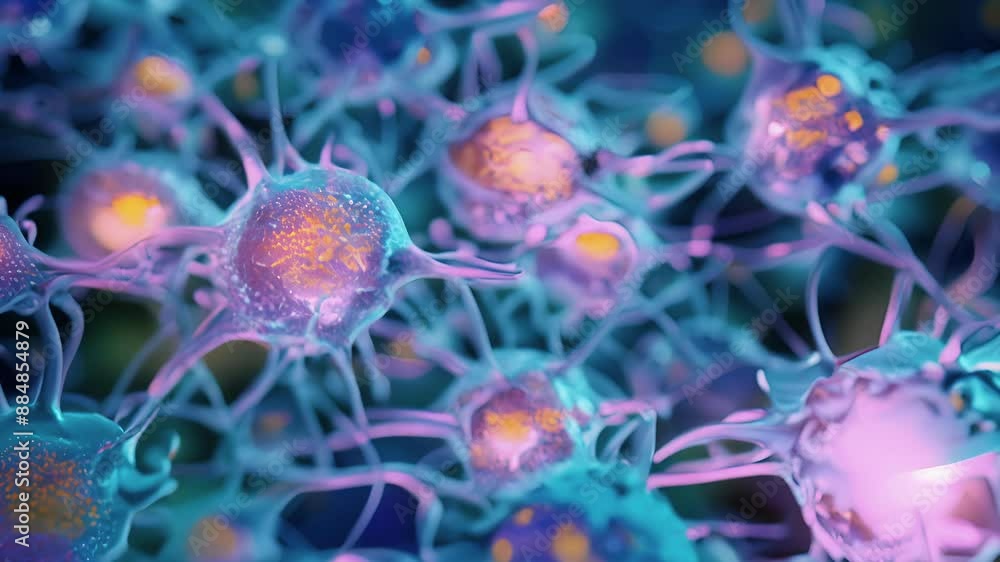 Poster fluorescent microscopic image of oligodendrocytes highlighted in bright colors providing a visual re