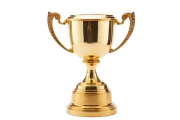Shiny gold trophy cup isolated on PNG transparent background, perfect for award celebrations, competitions, and achievement recognition graphics