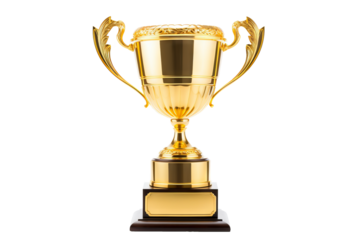 Shiny gold trophy cup isolated on PNG transparent background, perfect for award celebrations, competitions, and achievement recognition graphics