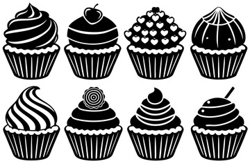 Cupcakes clipart set, silhouette black linocut vector art illustration 