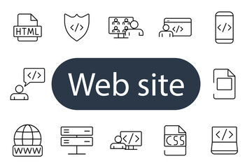 Website set icon. HTML, shield, coding, mobile, developer, CSS, server, online, security, programming, browser, www, meeting, digital, code, internet, interface, design, webpage, technology.