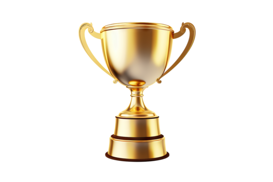 Shiny gold trophy cup isolated on PNG transparent background, perfect for award celebrations, competitions, and achievement recognition graphics
