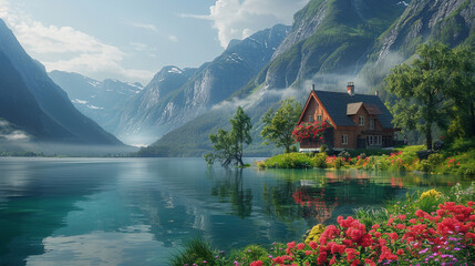 Fototapeta premium A serene composition of a lakeside cottage with a flower garden, nestled at the foot of lush green mountains.