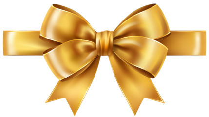 Golden ribbon with elegant bow isolated on transparent background, PNG format for festive and celebratory design projects, perfect for gift wrapping, holiday decorations, and special event invitations