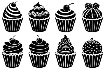 Cupcakes clipart set, silhouette black linocut vector art illustration 