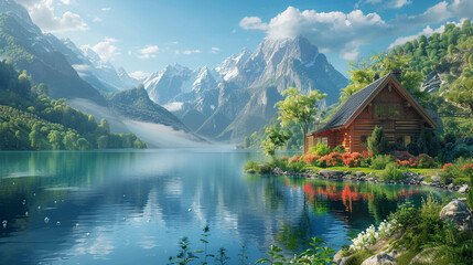 A UHD image of a lakeside cottage with a lush garden, overlooking a peaceful lake with reflections of the surrounding mountains.
