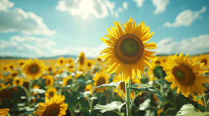 A vivid and realistic image of a sunflower field under a bright blue sky, with the flowers in various stages of bloom.