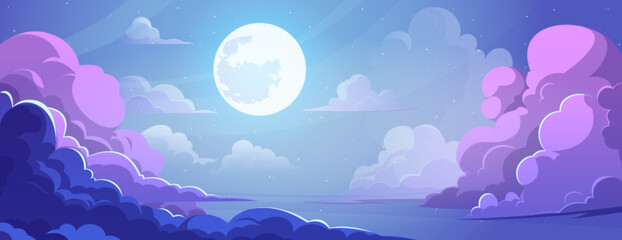 Night blue and purple gradient starry sky with full moon and fluffy clouds in anime style. Cartoon vector illustration of beautiful dark cloudscape scene under moonlight. Comic manga evening horizon. © klyaksun