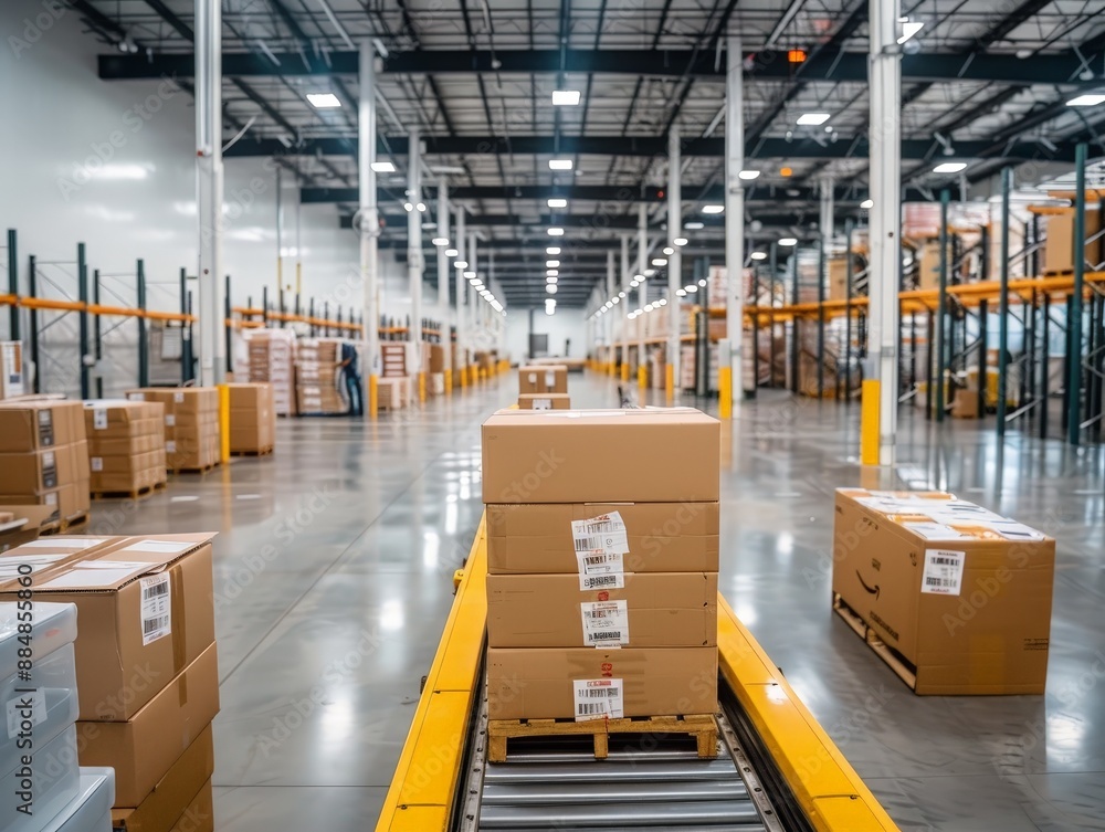 Poster modern fulfillment center: precision packing, automated sorting & efficient operations