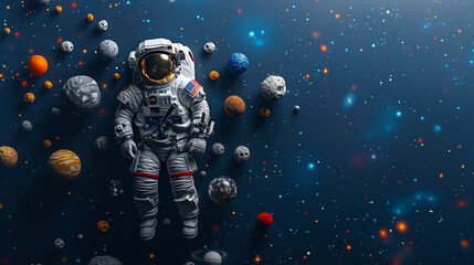 A collection of detailed toy space figures on a dark blue background, with ample room for text on the right.