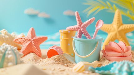 A colorful beach set including a bucket, spade, and molds on a sandy-colored background with space for text on the right.