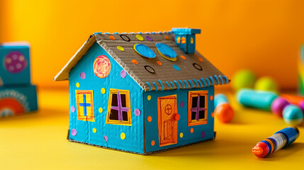 A colorful cardboard box DIY house decorated with markers and stickers, isolated on a bright yellow background with ample copy space on the right side.
