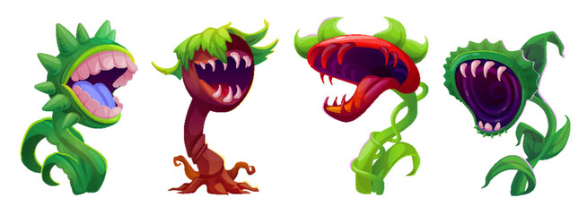 Scary carnivorous monster plants with flytrap on stem. Creepy dangerous fantasy flowers with mouth and teeth. Cartoon vector illustration set of horrible predatory alien poisonous creatures. © klyaksun