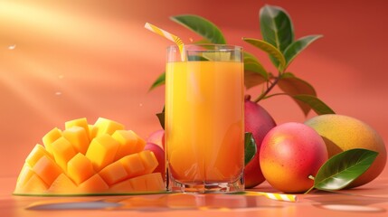 Fototapeta premium Glass of mango juice with fresh mangoes and a straw.