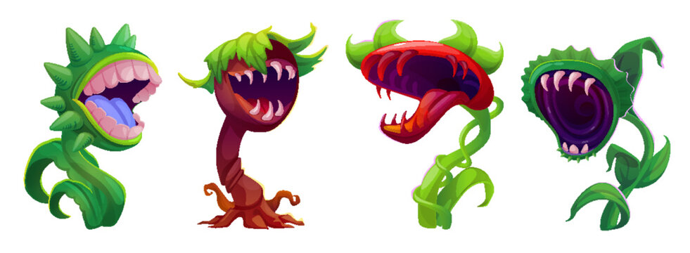 Scary carnivorous monster plants with flytrap on stem. Creepy dangerous fantasy flowers with mouth and teeth. Cartoon vector illustration set of horrible predatory alien poisonous creatures.