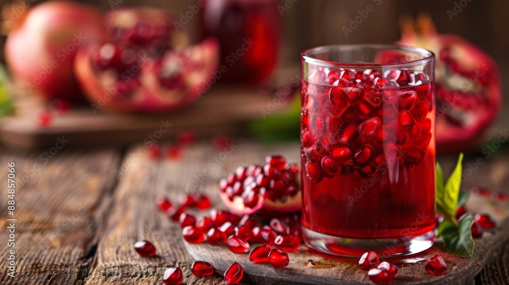 Aufkleber Glass of pomegranate juice with pomegranate seeds scattered around.