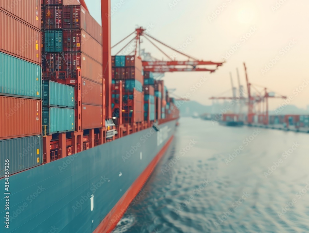 Poster aerial view of a busy container port with cranes loading ships and containers for global trade