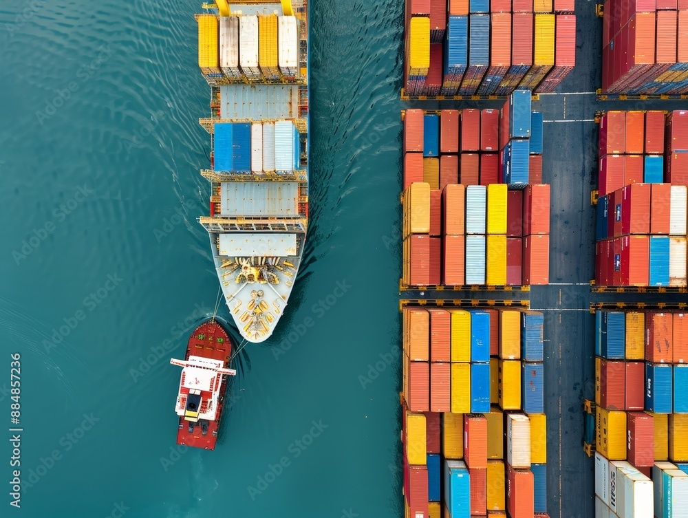Poster aerial view of bustling container port with loading cranes and global trade activity