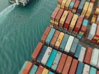 Fototapeta premium Global Logistics in Action: Aerial View of Busy Shipping Port with Container Ships, Cranes, and Containers