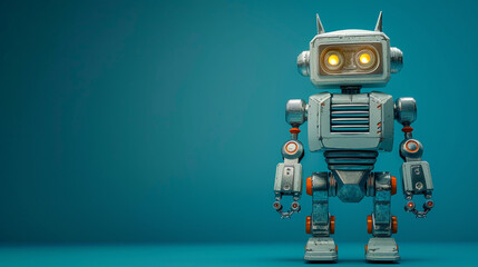 A realistic toy robot standing on a deep blue backdrop with open space for copy on the right.