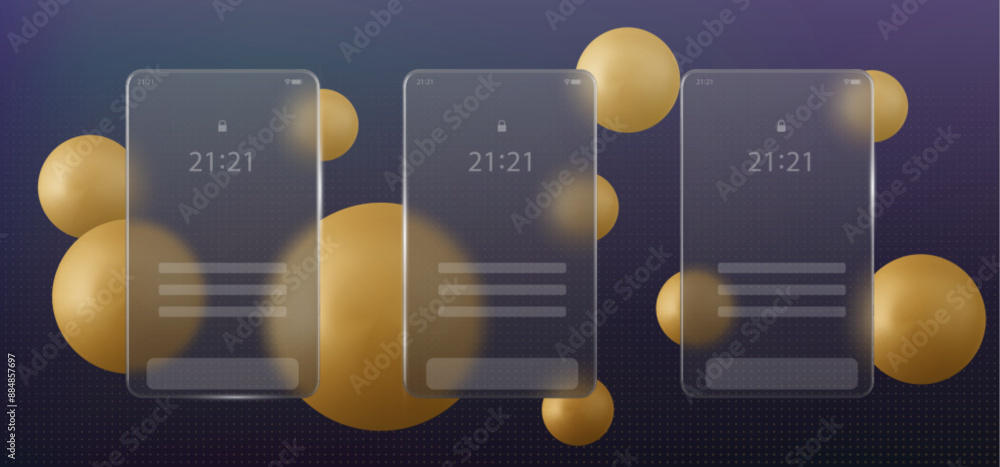 Poster glass morphism phone transparent screen frame with blur ui mockup. smartphone app interface carousel