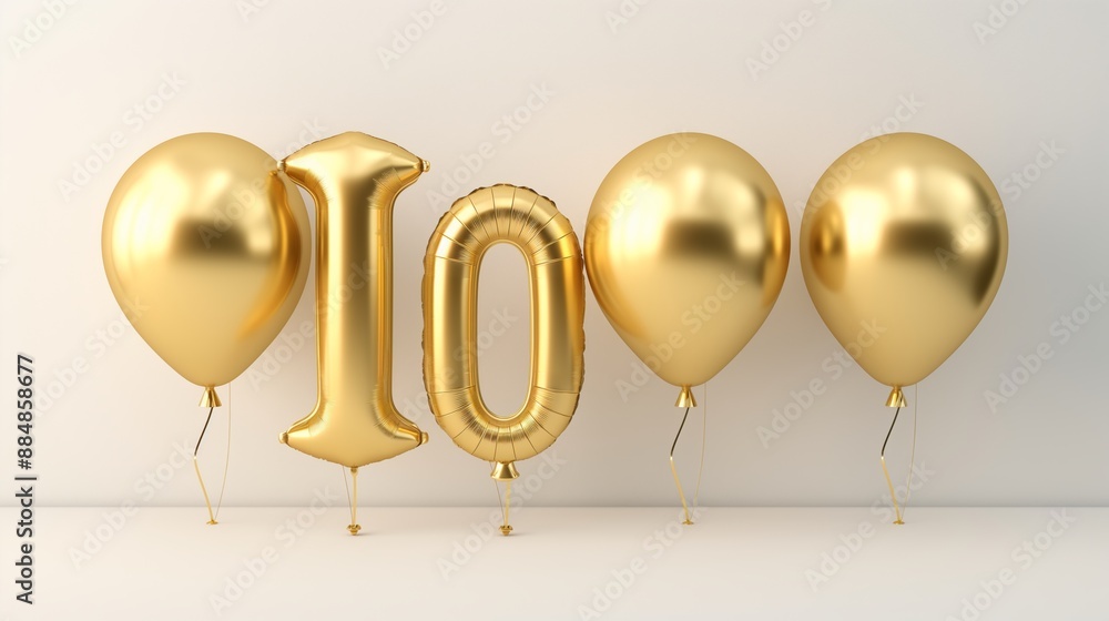 Poster a group of balloons with the number 10 written on them. the balloons are gold and are arranged in a 