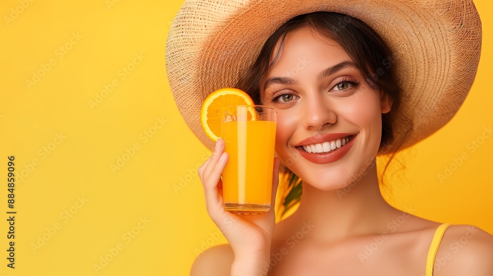 Wall mural a woman is holding a glass of orange juice and smiling. concept of happiness and positivity