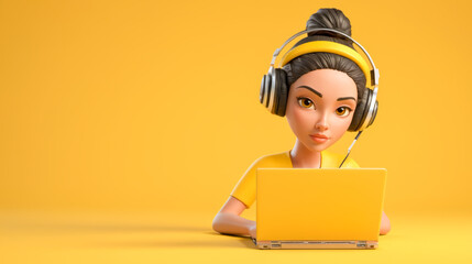 Friendly call center operator at work in vibrant 3D cartoon style, offering customer support and assistance with contact us hotline for service inquiries
