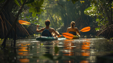 A photograph of a couple kayaking through a dense mangrove forest, back view, wearing casual summer clothes, holding orange paddles