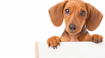 A small brown dog is looking at the camera and holding a white board in its mouth. The dog appears to be curious and playful, as it holds the board up to the camera