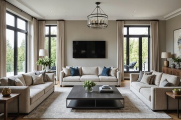 Large comfortable sofa and coffee table in spacious living room of luxurious house with window and television