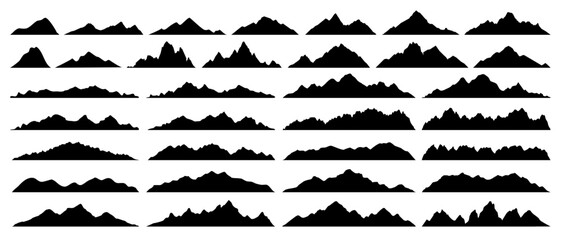 Vector mountain silhouette, hiking hill peak or forest nature landscape in flat style on white background. Mountain icon or symbol for travel business. Vintage mountain silhouette pattern or line art.
