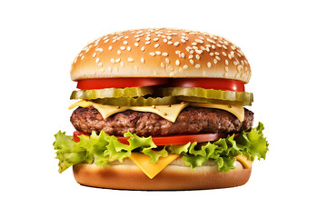 Delicious hamburger with lettuce, tomato, cheese, and beef patty on a transparent PNG background – ideal for menus, advertising, and food blogs