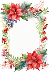Obraz premium Christmas watercolor frame with winter branches, leaves and berries, illustration isolated on white background in vintage style. Festive frame for invitations or greeting cards.