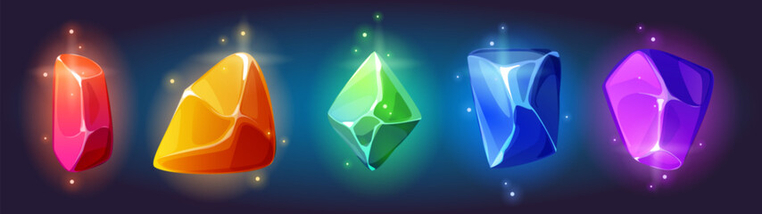 Gem stone crystals with magic neon glow effect. Cartoon vector illustration set of fantasy colorful luminous diamonds for game ui design. Bright precious treasure gemstones. Shiny jewel rock pieces. © klyaksun