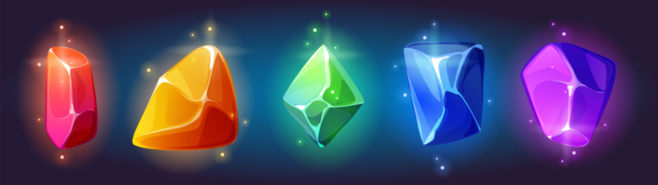 Gem stone crystals with magic neon glow effect. Cartoon vector illustration set of fantasy colorful luminous diamonds for game ui design. Bright precious treasure gemstones. Shiny jewel rock pieces.