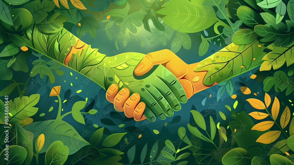 Poster a cartoon style illustration depicting a handshake where both hands are creatively made of green lea