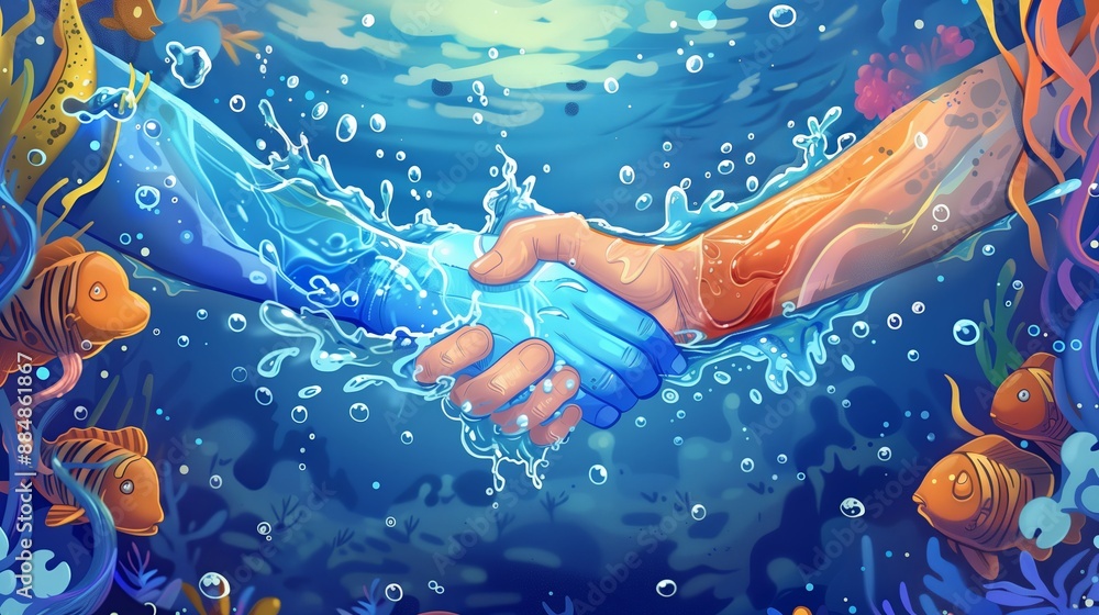Poster a cartoon style illustration depicting a handshake where both hands are creatively made of water spl