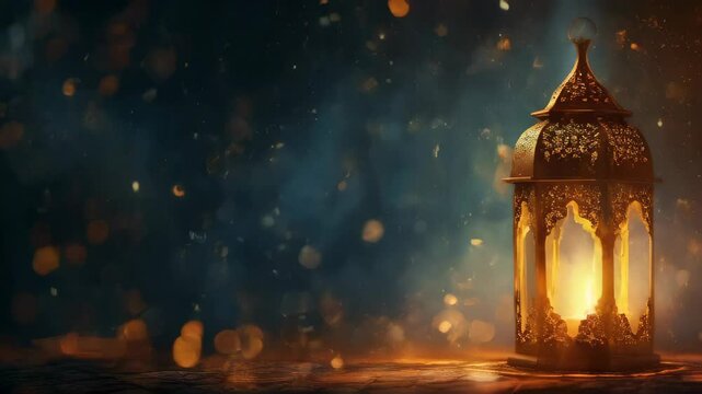 Arabic lantern of ramadan celebration background, islamic golden lantern on dark background, Eid Mubarak, Eid al Adha, glowing light