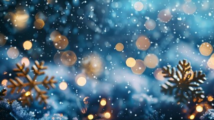 Christmas background with snowflakes and bokeh lights on blue background.