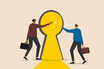 Key to success, promising future in business opportunities, new challenges and freedom concept, curious businessman reaching for the glowing keyhole, beginning the journey to achieve business goals.