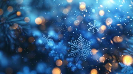 Christmas background with snowflakes and bokeh lights on blue background.