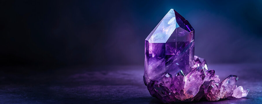 A stunning purple amethyst crystal standing tall against a dark, textured background with copy space for text.