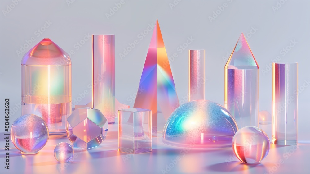 Poster A collection of holographic abstract 3D shapes, such as cylinders, cones, and hexagonal prisms, all made of glowing, translucent material. The shapes display an array of