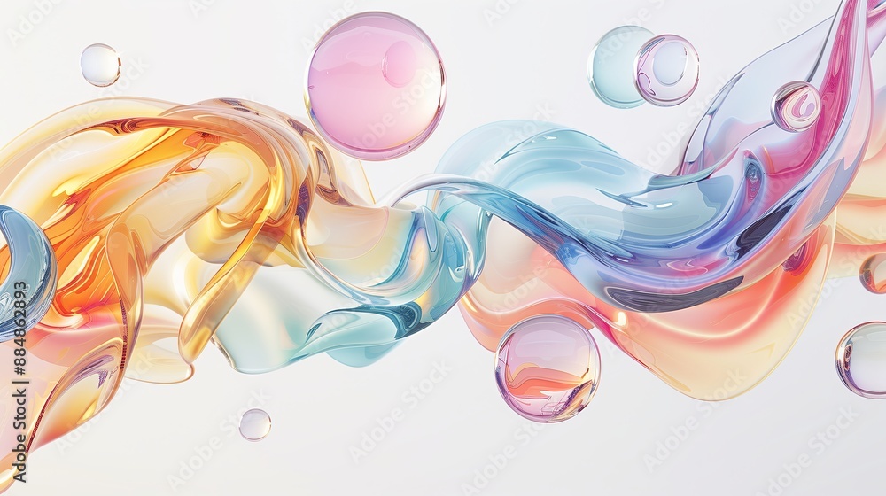 Poster A collection of liquid 3D shapes, including twisting ribbons, spherical blobs, and splashing arcs, all composed of a smooth, reflective liquid substance. The shapes display a