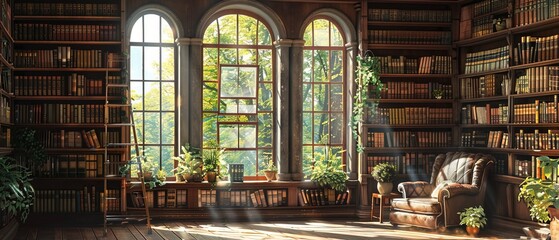 old library with cozy armchair and book shelves with books arranged orderly in room with potted plants by window 