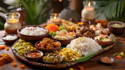 Traditional Onam Feast with a Variety of Indian Dishes on a Banana Leaf with Festive Lighting