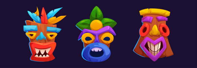 Hawaiian totem tiki mask. Hawaii or Polynesian island ancient native tribal statue head with cute scary faces. Cartoon vector set of traditional Mayan indigenous culture wooden ritual sculpture.