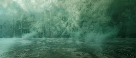 Inside an expansive, dusky room with a concrete floor, a gentle olive fog drifts across a dark green background
